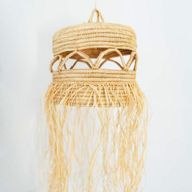 Openwork straw shade, round suspension, wicker light, palm leaves, fringes, rope, bamboo, rattan, raffia, bohemian pendant in raffia