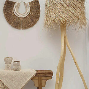 lampshade Palm Tall Branched Floor Made of olive wood with stunning art deco-styled palm fibre lamp shade in Morocco MODERN WOOD TRIPOD LAMP