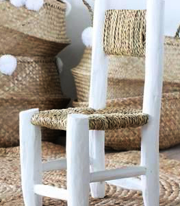 CHAIR CHILDREN Traditional eucalyptus wood chair with upholstered seat in doum or tressed palmier leaves.Beautiful, organic, ethnic