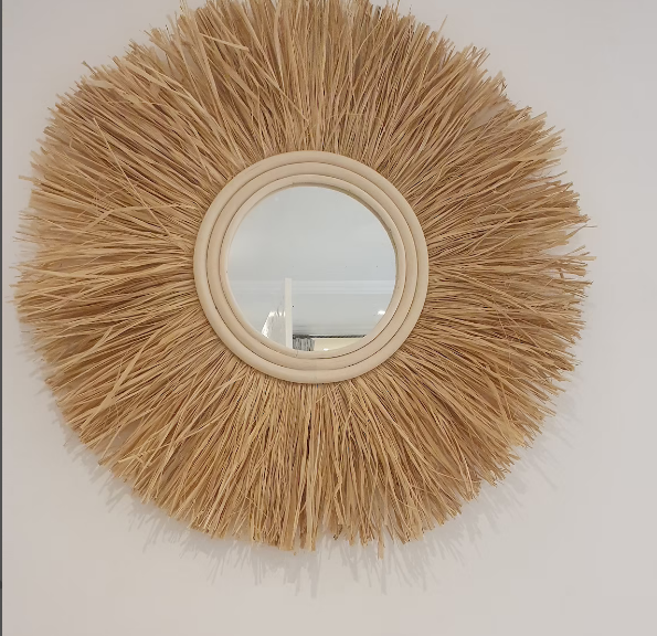 Mirror raffia Handmade Materials: raffia, straw, palm leaf, rattan, wicker, doum Height: 60 centimetersWidth: 60 centimeters
