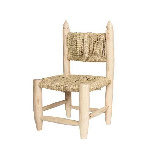 HANDMADE CHAIR CHILDREN Traditional eucalyptus wood chair with upholstered seat in doum or tressed palmier leaves.